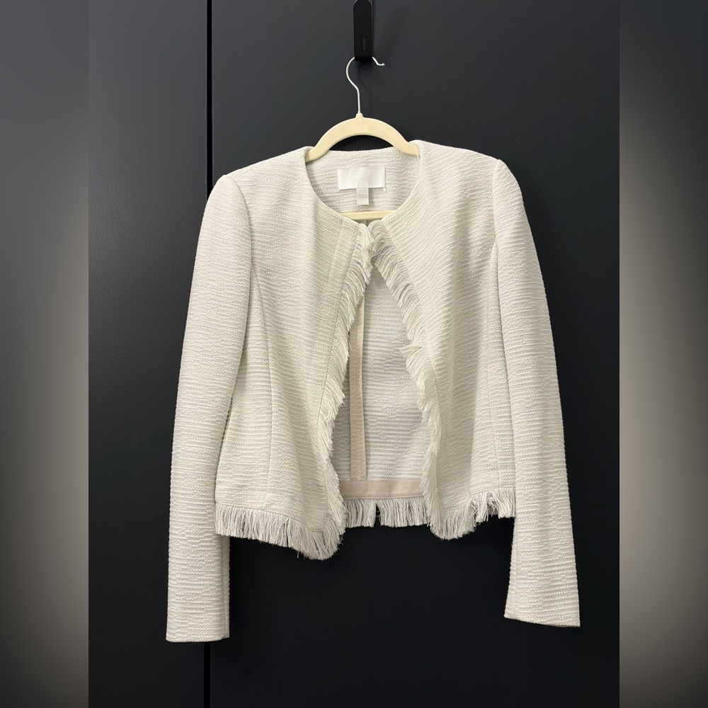 HUGO BOSS White Tweed Fringe Jacket Blazer US 0 FR 34